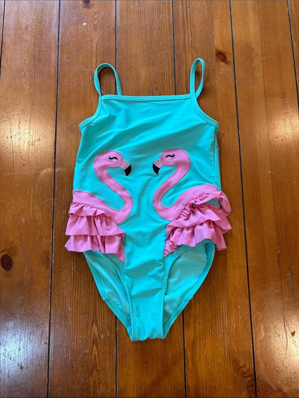 Gymboree Turquoise and Pink Flamingo Ruffle One-Piece Swimsuit Size 7